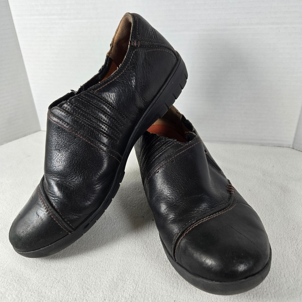 Clarks Womens Black Leather Zip‎ Slip On Loafer Shoes Size 11M